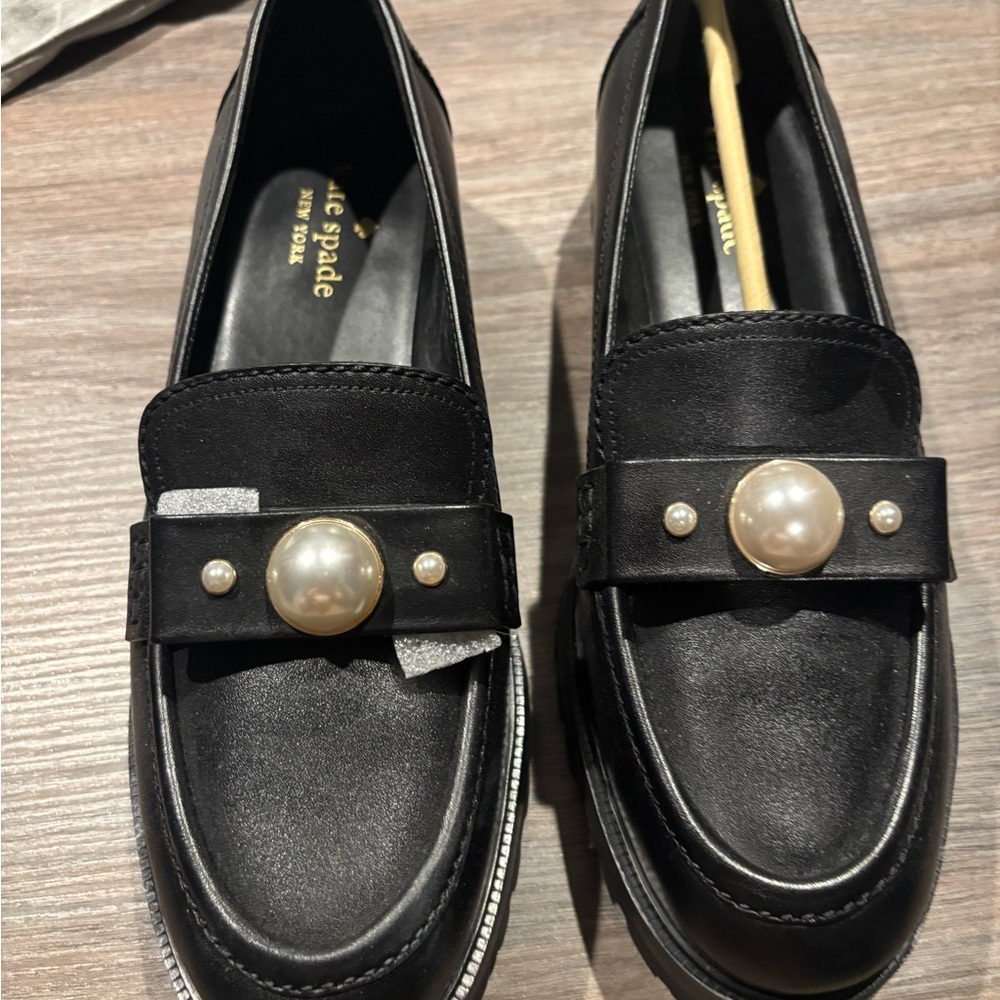Kate Spade Black Loafers with Pearl Accent